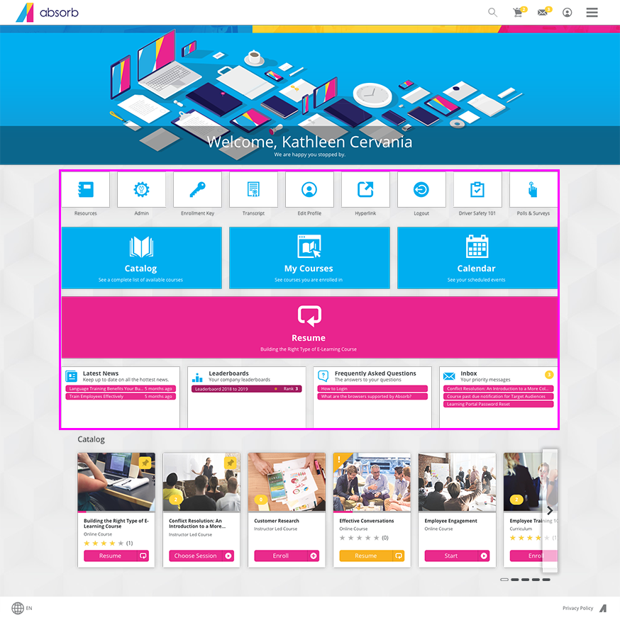 Absorb LMS dashboard illustrating compliance training tools, making it a scalable Moodle alternative for enterprises