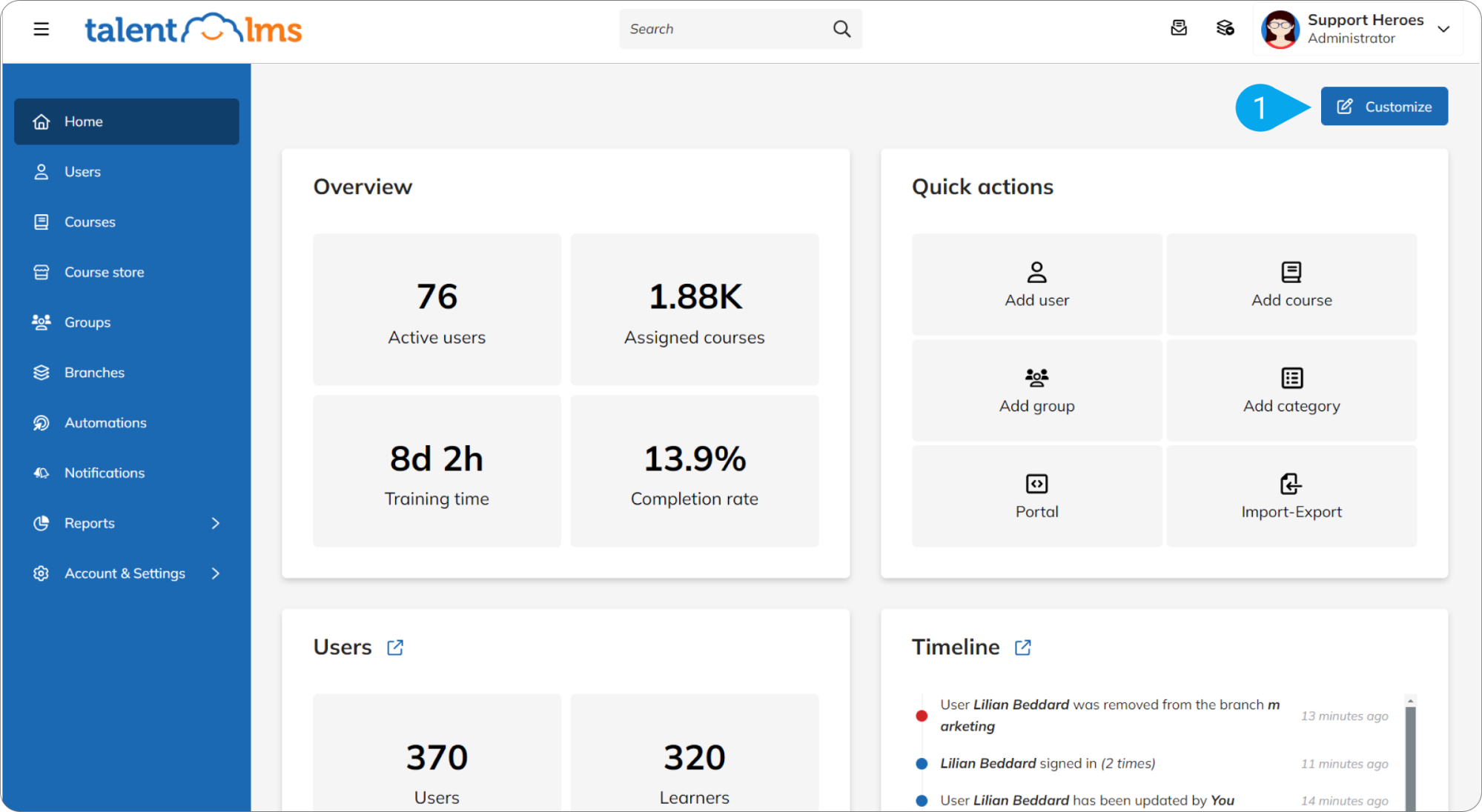 TalentLMS course builder highlighting its user-friendly design, a lightweight Moodle alternative for SMBs