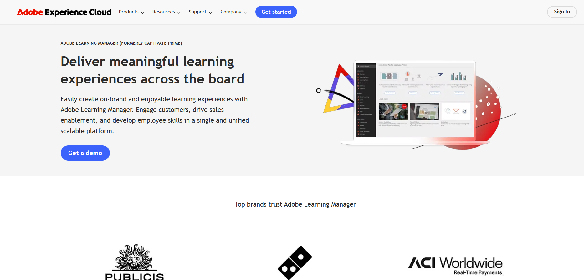 A screenshot of Adobe Learning Manager home page