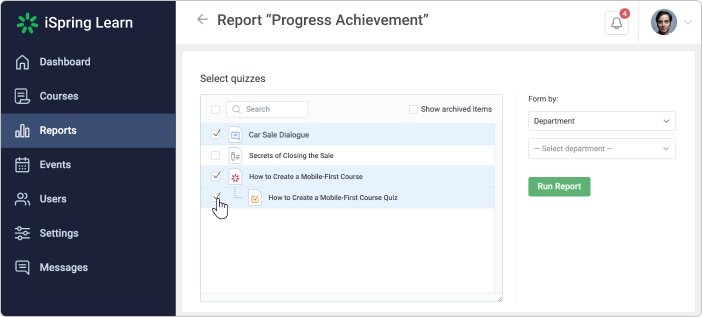 iSpring Learn intuitive dashboard, an easy-to-use TalentLMS alternative for SMBs.