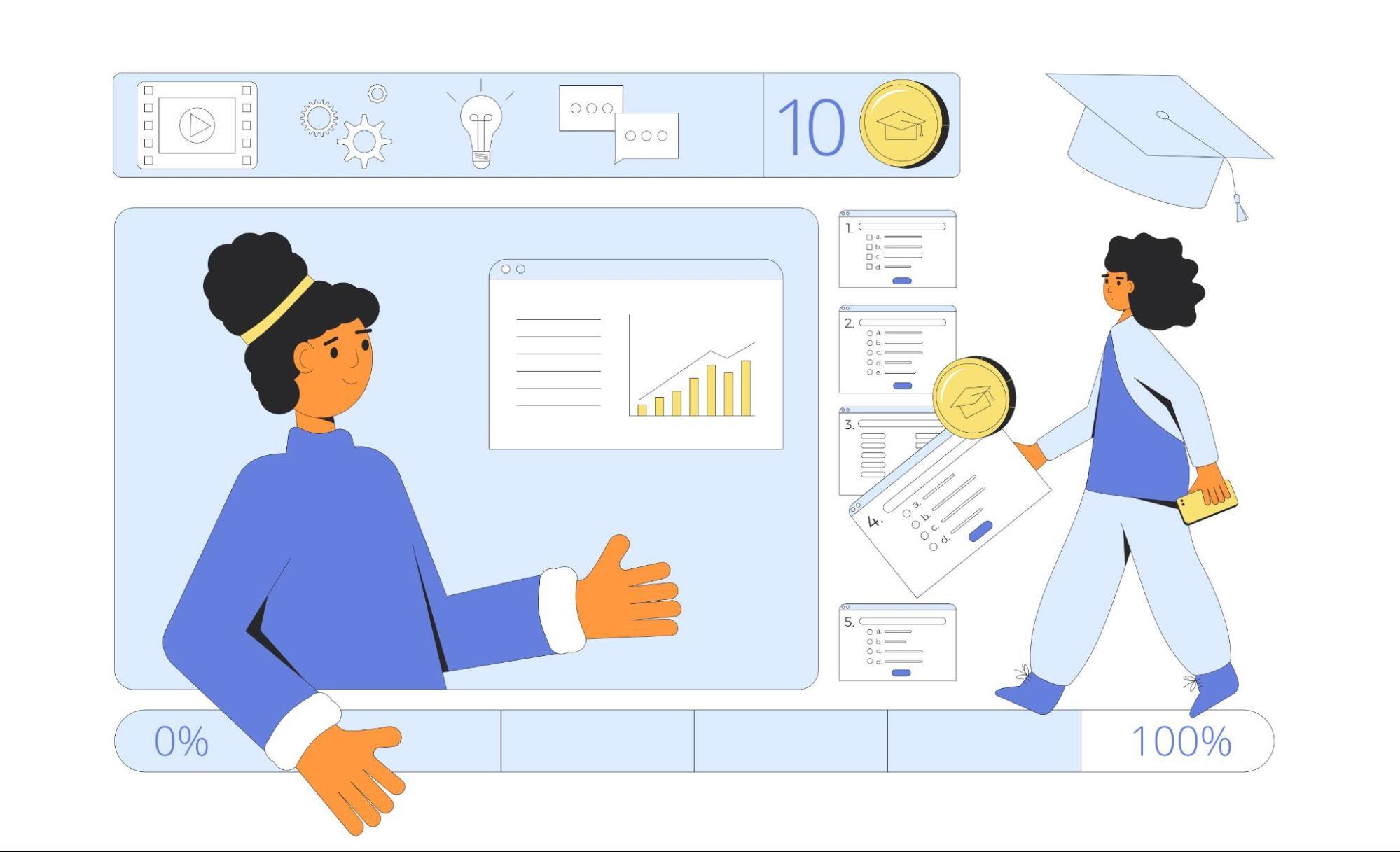 Instructional design and learning management system. Vector illustration of a teacher and student in online training